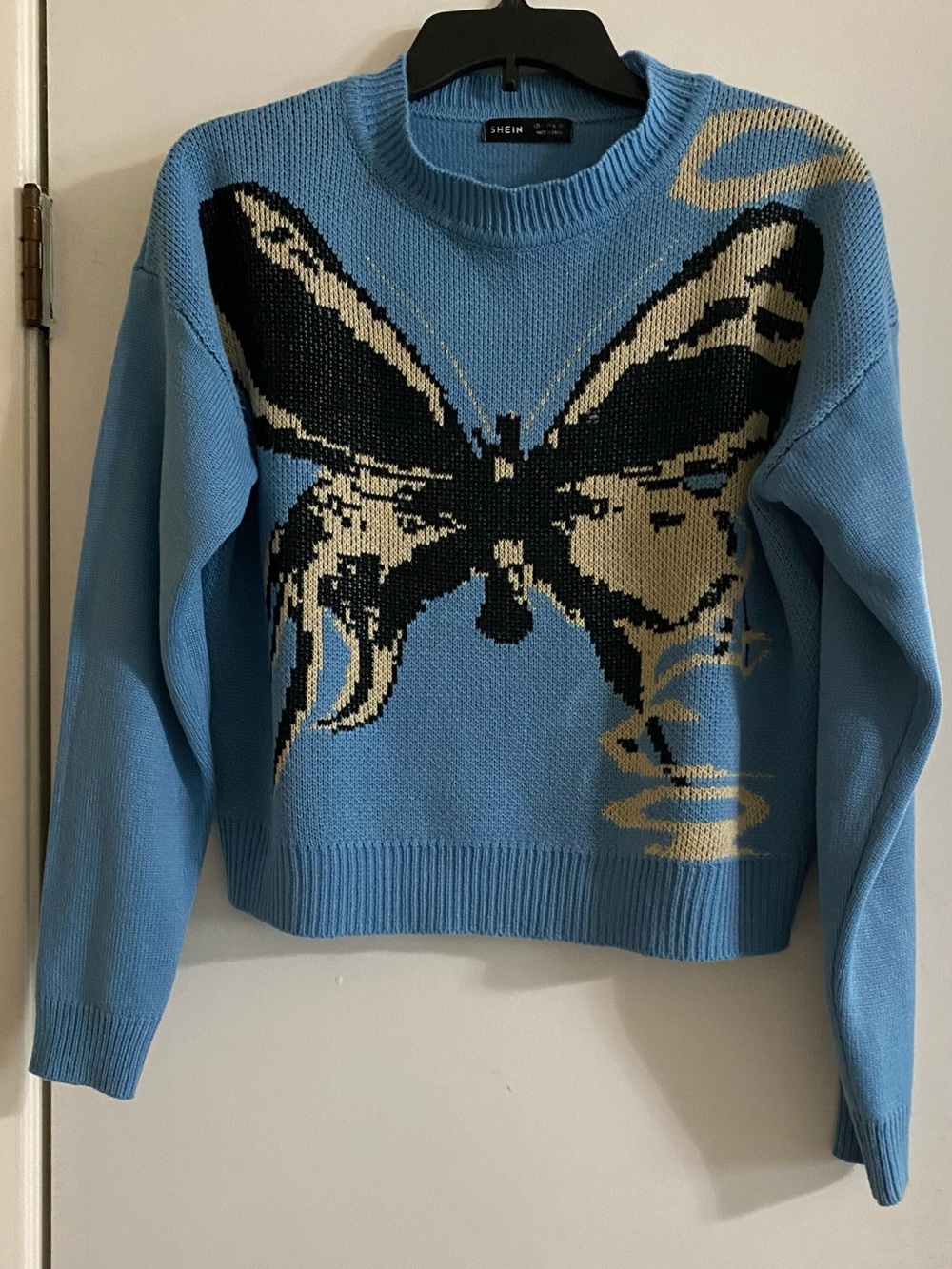 SHEIN Light Blue Butterfly Graphic Crewneck Sweater